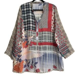 Johnny Was Women’s Large Ample Mixed Media Sheer Silk Tunic Mandarin Collar Flaw